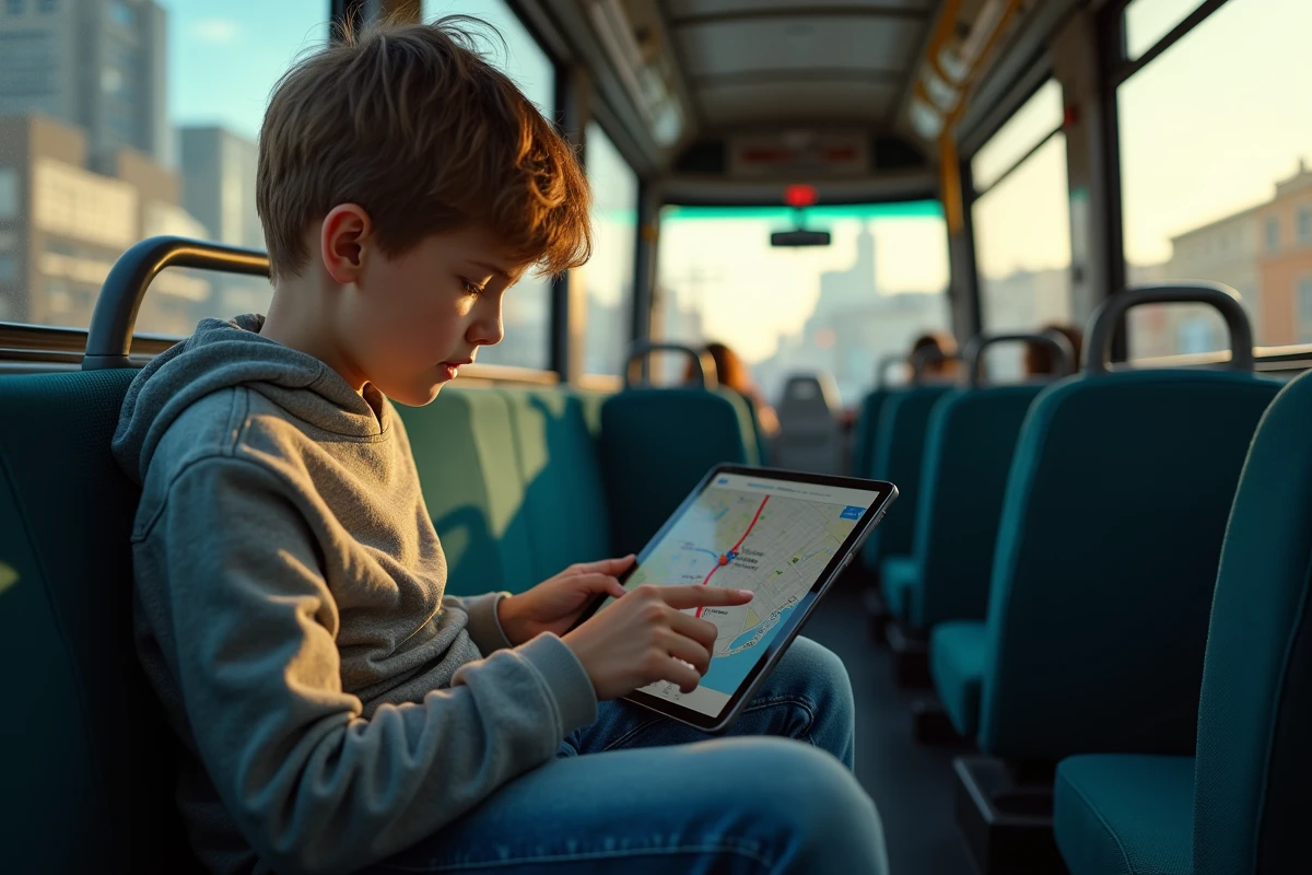 Adolescent assis dans un bus utilisant une tablette