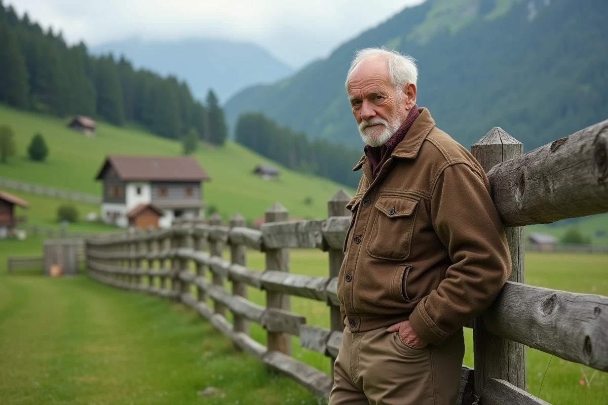 Agriculteur bavarois âgé appuyé contre une clôture en bois avec les fermes de Gummering et les prairies alpines en arrière-plan