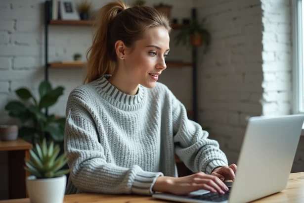 Femme paramétrant une alerte prix sur Google Flights depuis son bureau à domicile