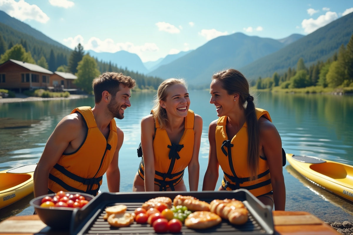 Amis souriants au bord du lac avec activités nautiques