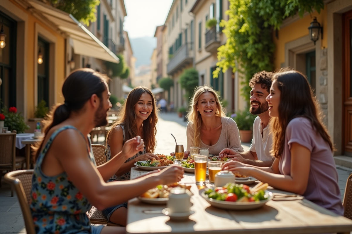 Groupe d amis riant autour d un repas en terrasse en ville méditerranéenne
