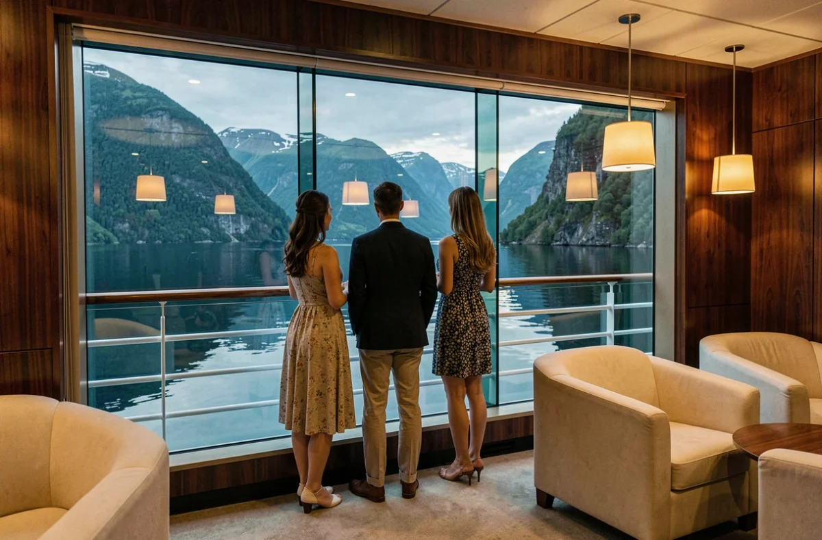 Groupe d'amis admirant un fjord norvégien depuis le salon panoramique d'un bateau de croisière au crépuscule