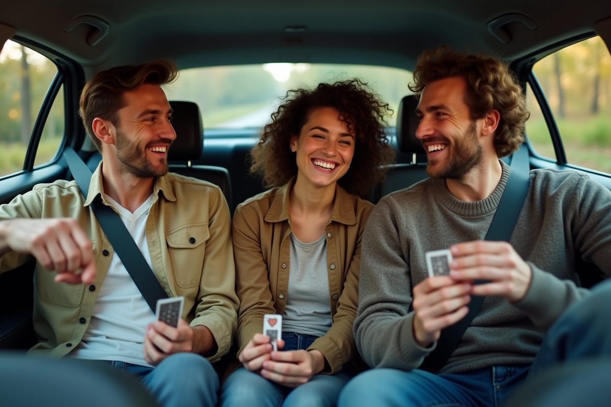 Trois amis jouant aux cartes dans une voiture en route