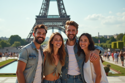 Groupe d'amis souriants devant la tour Eiffel en été
