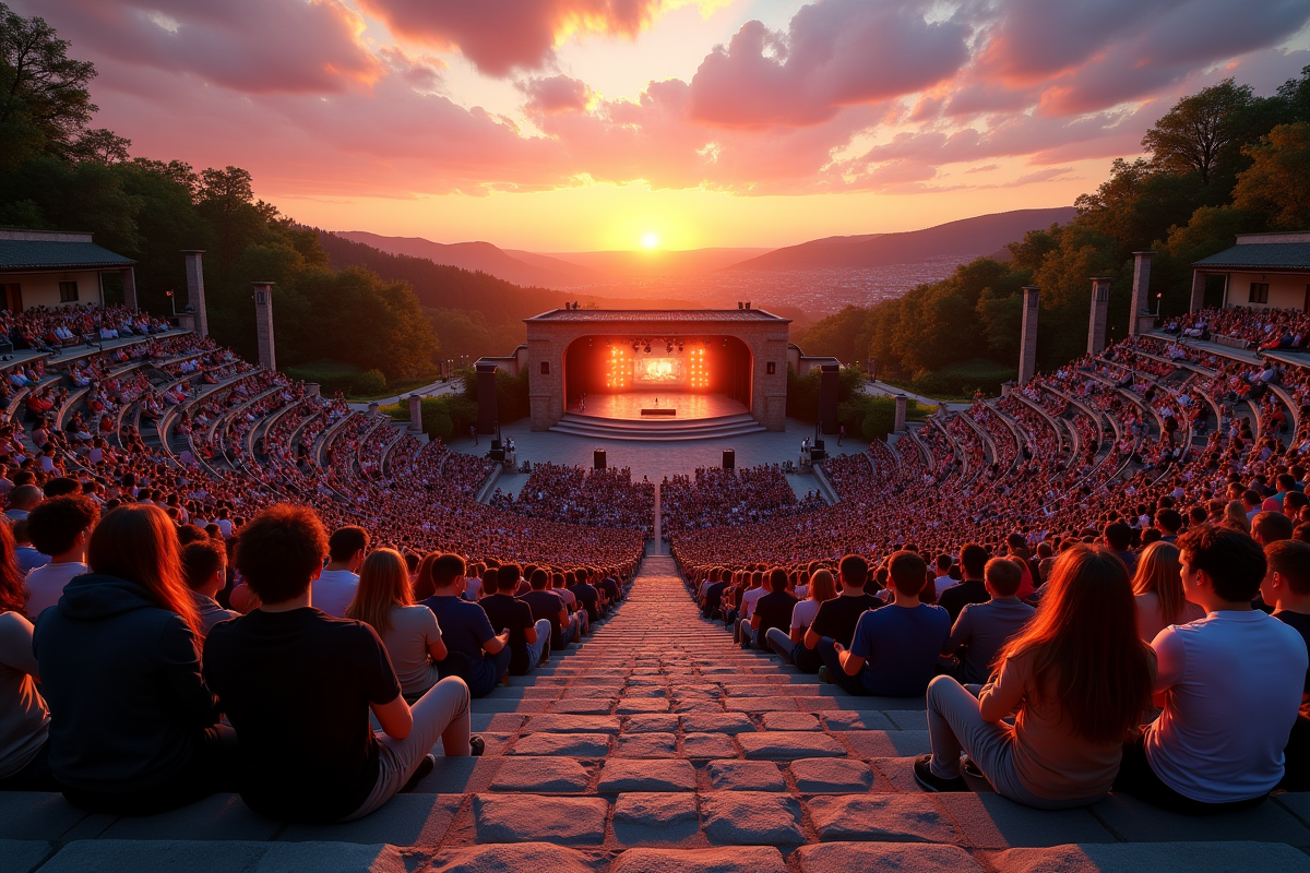 Amphithéâtre en plein air au coucher du soleil avec spectateurs