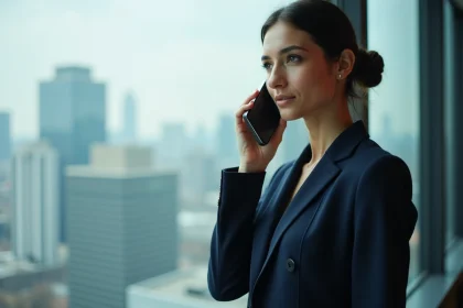 Femme professionnelle en blazer marine passant un appel international sur smartphone avec l'indicatif +39 pour l'Italie