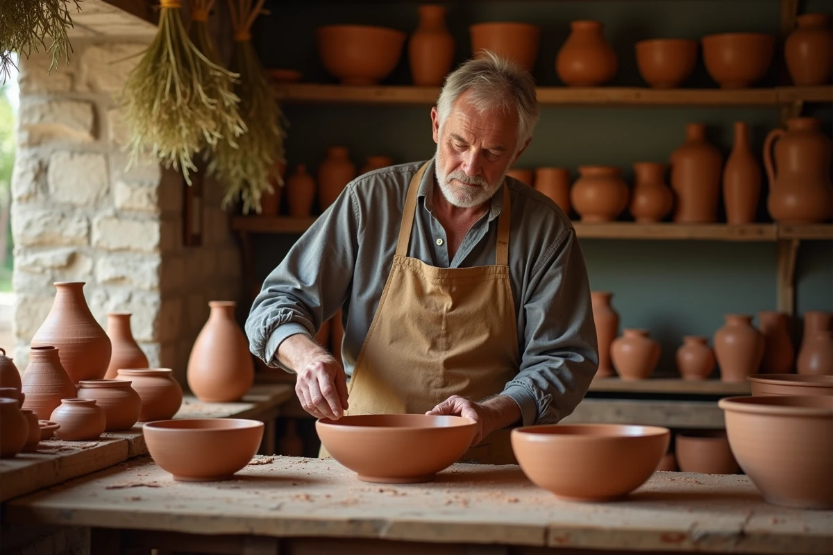 Artisan céramiste arrangeant des poteries en terre cuite dans son atelier rustique d'un village du Vaucluse