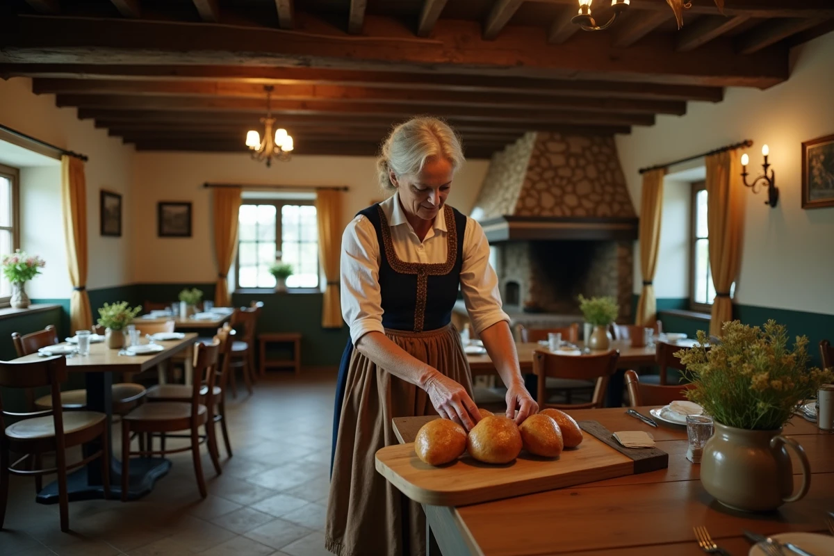 Intérieur chaleureux d'une auberge bavaroise rustique avec poutres apparentes et femme en dirndl servant des spécialités locales à Gummering