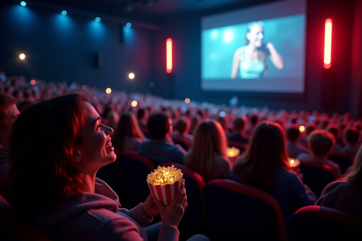 Public nombreux dans une salle de cinéma regardant un film