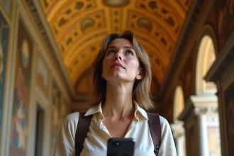 Touriste utilisant un audioguide smartphone dans la Chapelle Palatine du Palais des Normands à Palerme, devant les mosaïques byzantines dorées