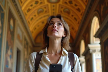 Touriste utilisant un audioguide smartphone dans la Chapelle Palatine du Palais des Normands à Palerme, devant les mosaïques byzantines dorées