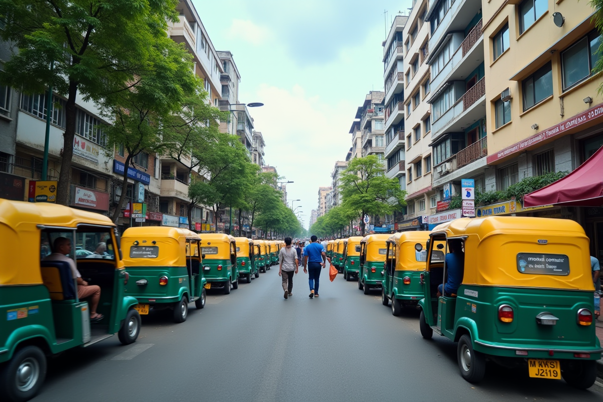Rue animée avec auto rickshaws colorés à Navi Mumbai