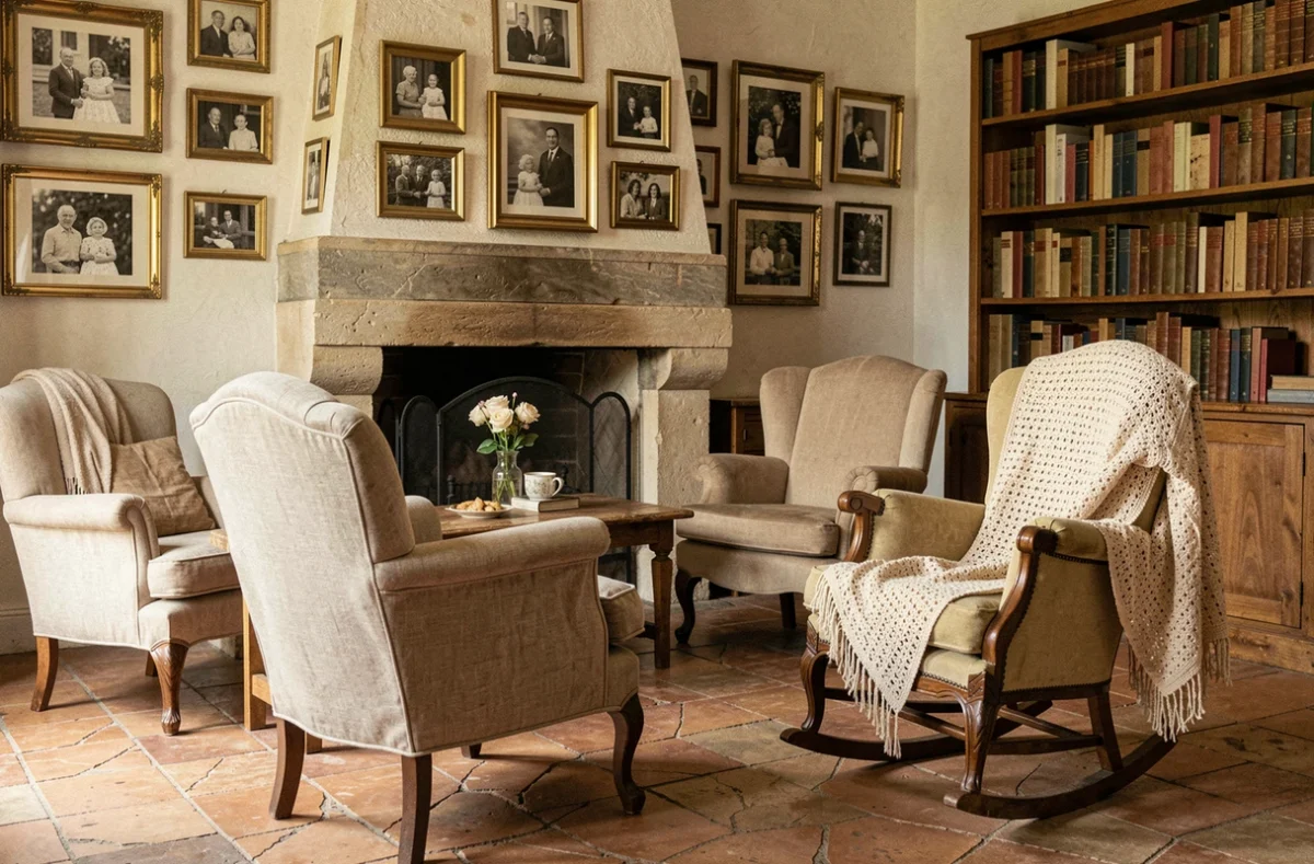 Salon chaleureux de la chambre d'hôtes Aux Temps d'Avant à Gundershoffen, avec fauteuils vintage, cheminée en pierre et photos de famille