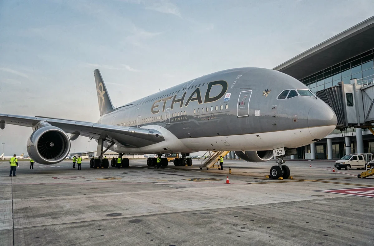Avion Etihad Airways A380 sur le tarmac d'un aéroport international prêt pour un vol long-courrier
