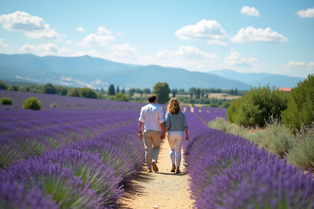 Couple se promenant dans les champs de lavande du Vaucluse avec le Mont Ventoux en arrière-plan