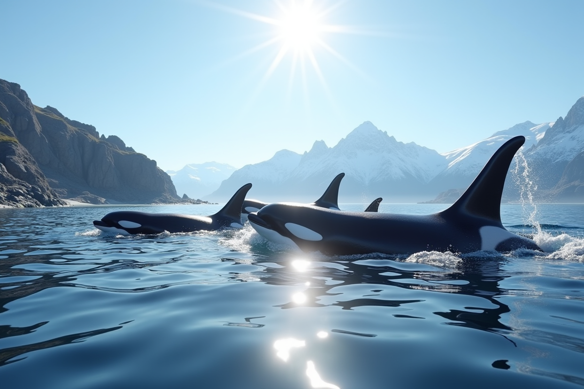 Baleines orques surfant près d'une côte rocheuse avec montagnes enneigées