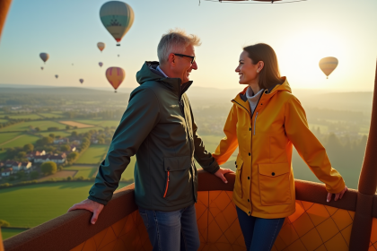 Couple souriant dans une nacelle de ballon avant le décollage