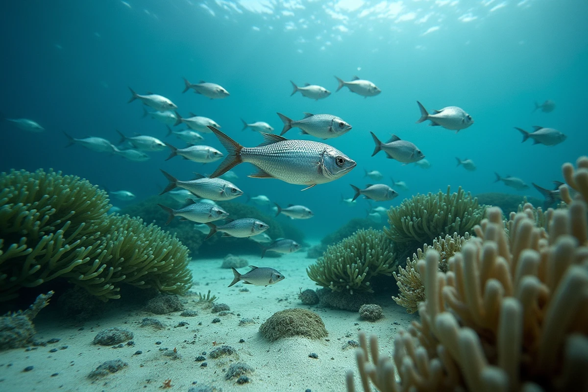 Banc de sars &agrave; ventre dor&eacute; nageant au-dessus d'un herbier de posidonie &agrave; Cala d'Orzu, visibles lors d'une session de snorkeling