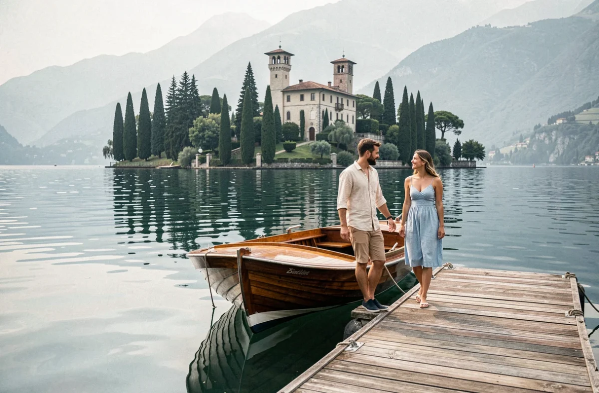 Couple embarquant sur un bateau en bois sur le lac de Côme face à la Villa del Balbianello, escale romantique Star Wars