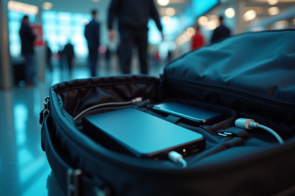 Batterie externe et câbles dans un sac à main à la sécurité aéroport
