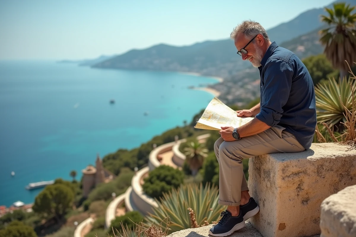 Homme consultant une carte depuis le belvédère du Jardin d'Eze avec panorama sur la Méditerranée et le Cap Ferrat en arrière-plan