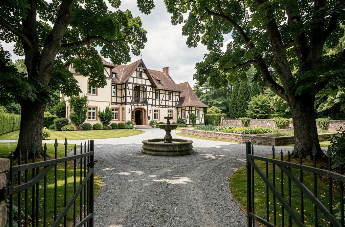 Le Biblenhof à Soultz-les-Bains, manoir alsacien à colombages avec allée gravillonnée, fontaine en pierre et parc arboré