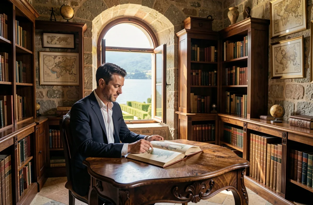Voyageur dans la bibliothèque historique de la Villa del Balbianello au lac de Côme, antre de culture et de romantisme