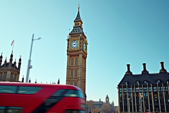 Tour de l'horloge Big Ben avec bus rouge à Londres