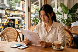 Femme lisant attentivement des documents de billet d'avion gratuit pour la Thaïlande dans un café de Bangkok pour éviter les arnaques