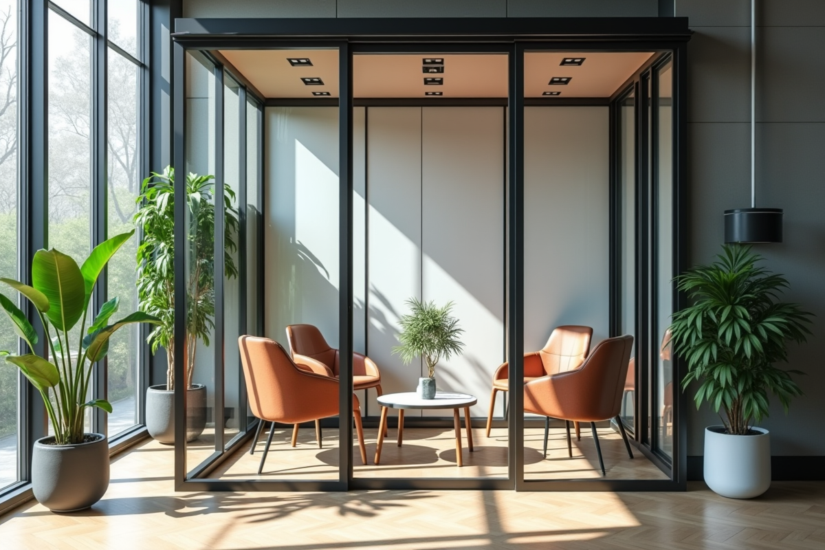 Espace de réunion en cabine vitrée dans un coworking moderne