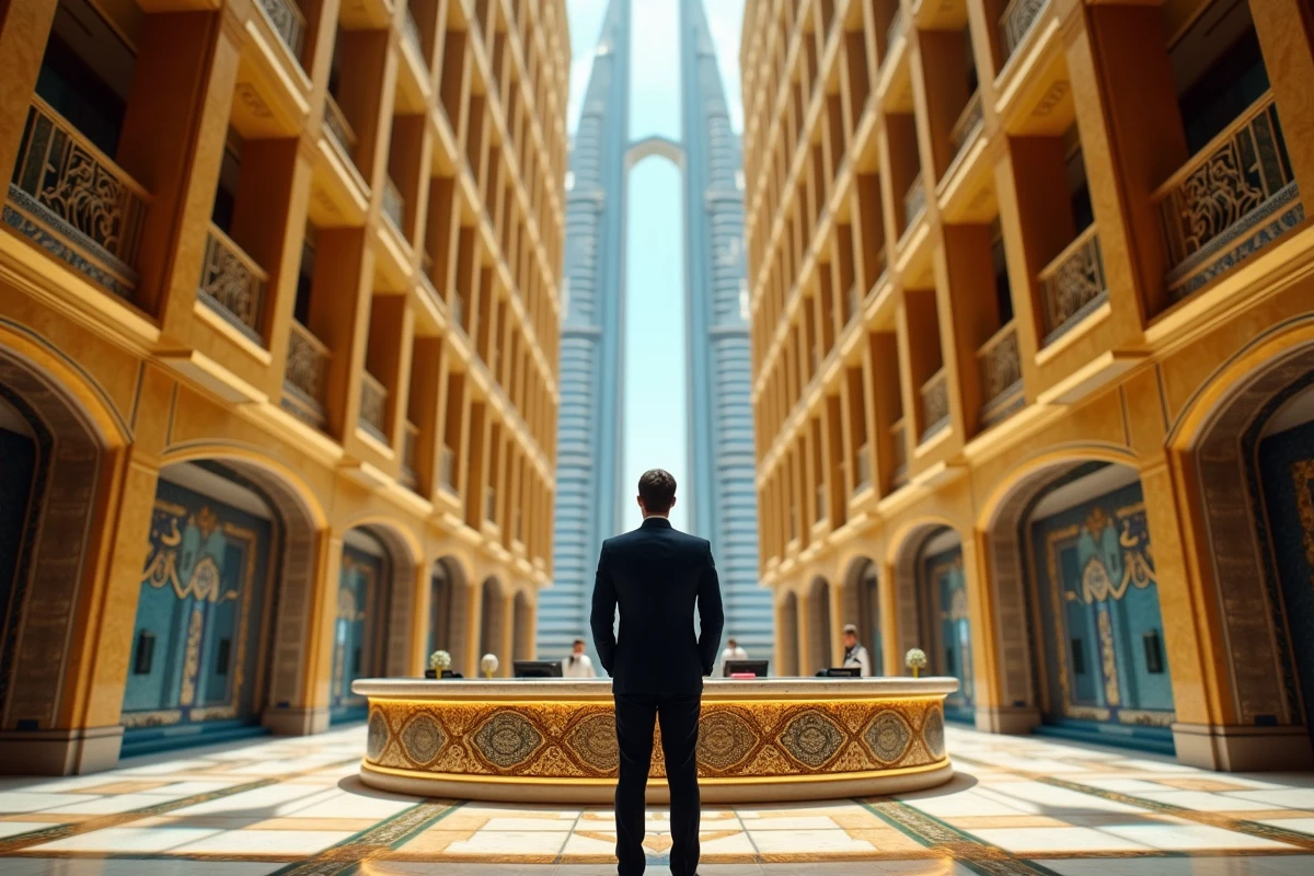 Atrium intérieur luxueux du Burj Al Arab avec décor en or et bleu et concierge en uniforme