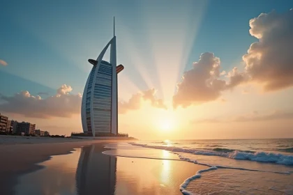 Vue extérieure du Burj Al Arab à Dubaï, hôtel en forme de voile emblématique au bord de la mer