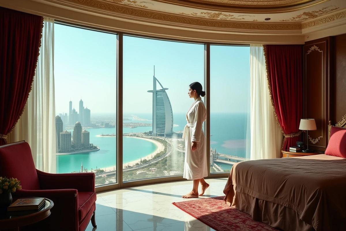 Suite luxueuse du Burj Al Arab avec vue panoramique sur la côte de Dubaï et la mer