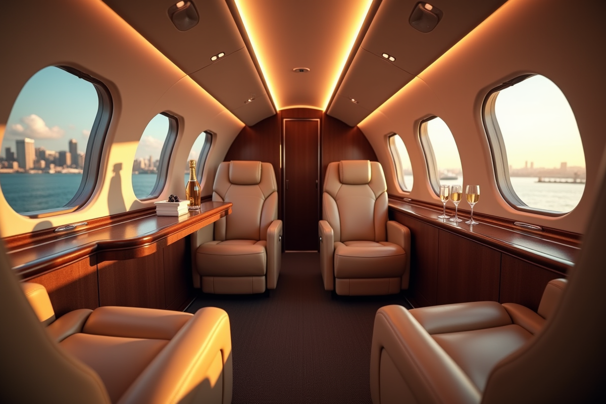Cabine privée d'avion de luxe avec sièges en cuir et vue sur la ville