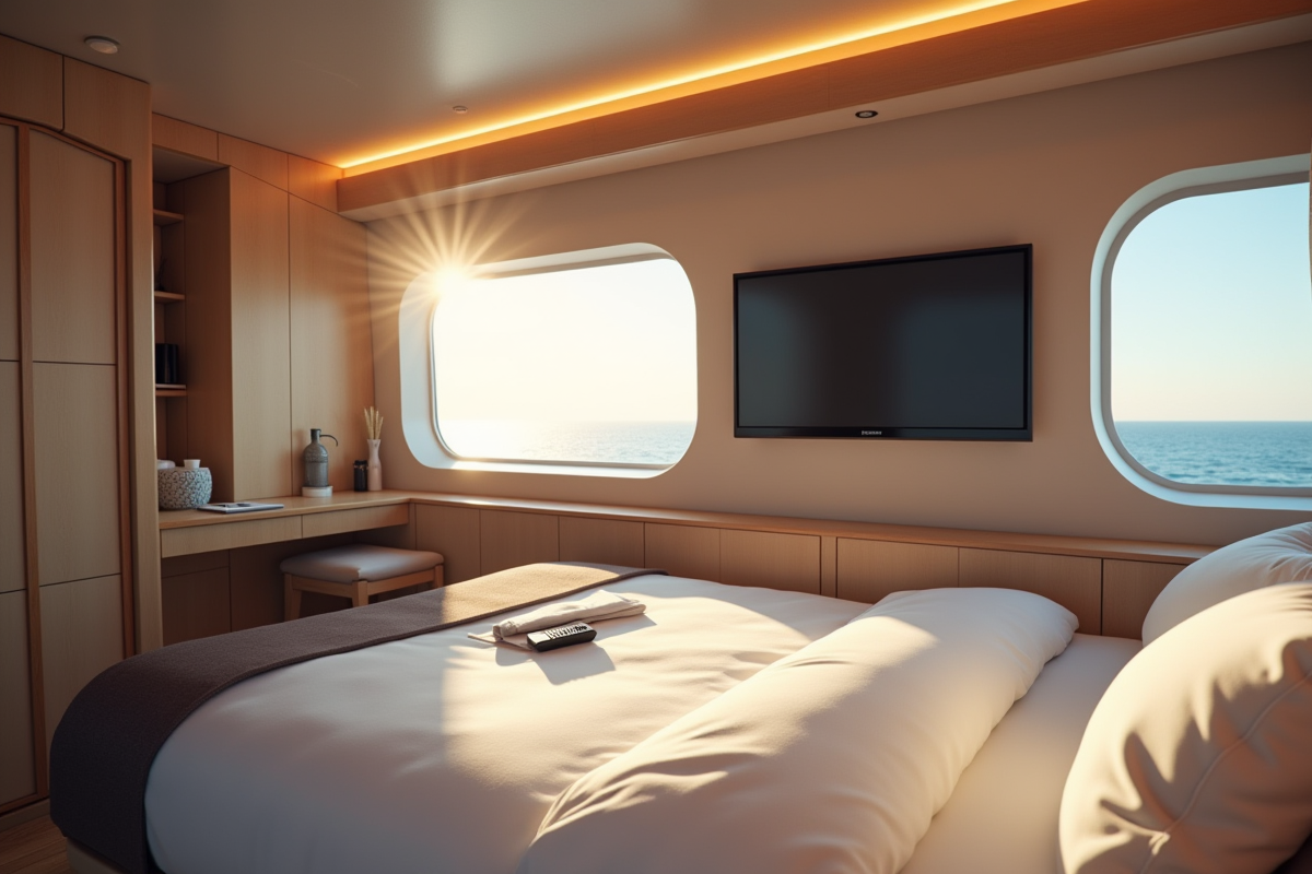 Cabine moderne de croisière avec télévision et vue sur la mer