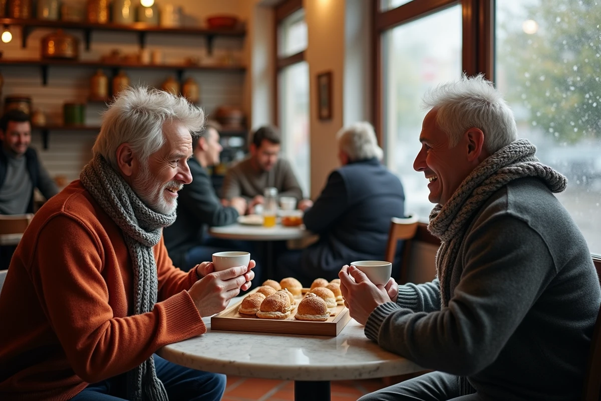 Couple savourant des ensaïmades et un café dans un salon de thé traditionnel de Palma sous la pluie