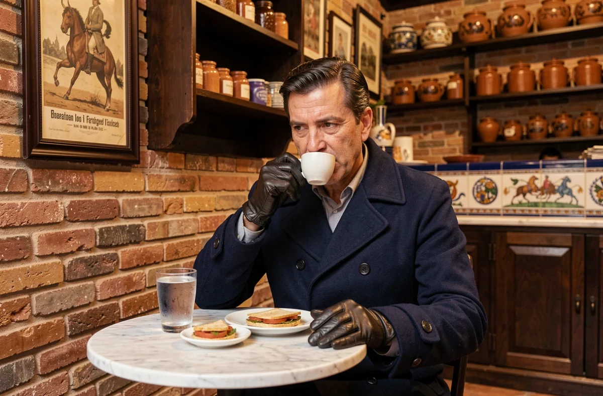 Homme dégustant un café dans un bar traditionnel de Séville en hiver, décor en carreaux de céramique et affiches taurines