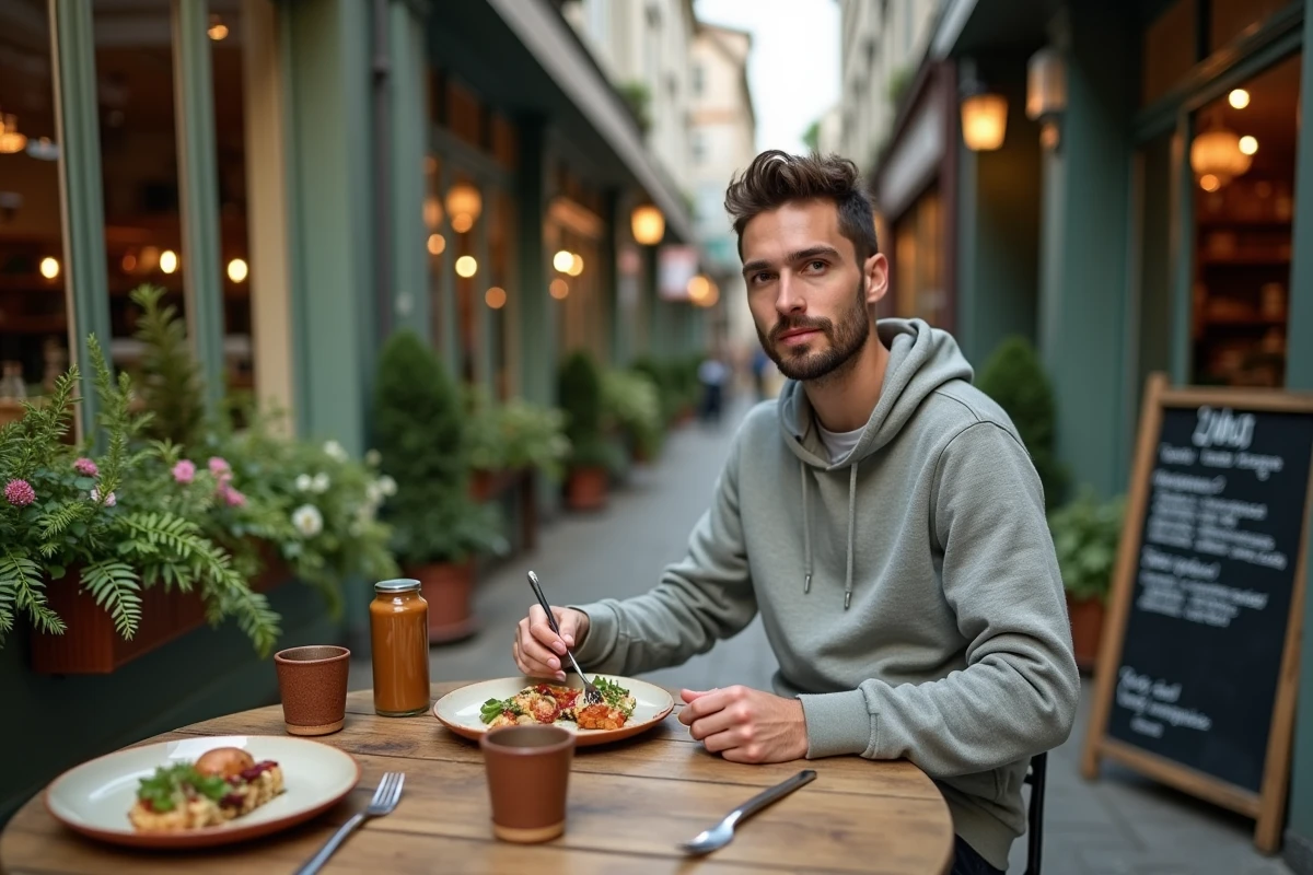 Homme mangeant un repas végétalien dans un café zéro déchet du quartier Ixelles à Bruxelles