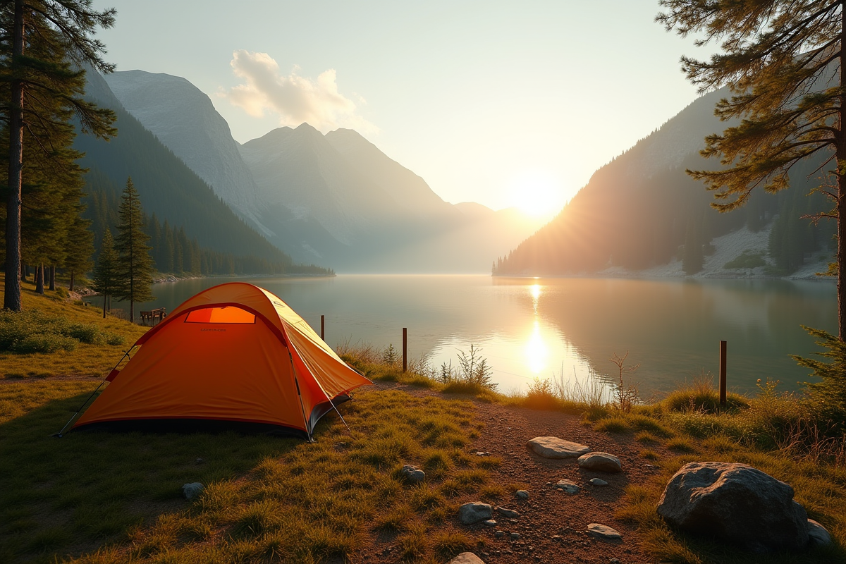 Campsite au bord du lac au lever du soleil avec montagnes et eau calme