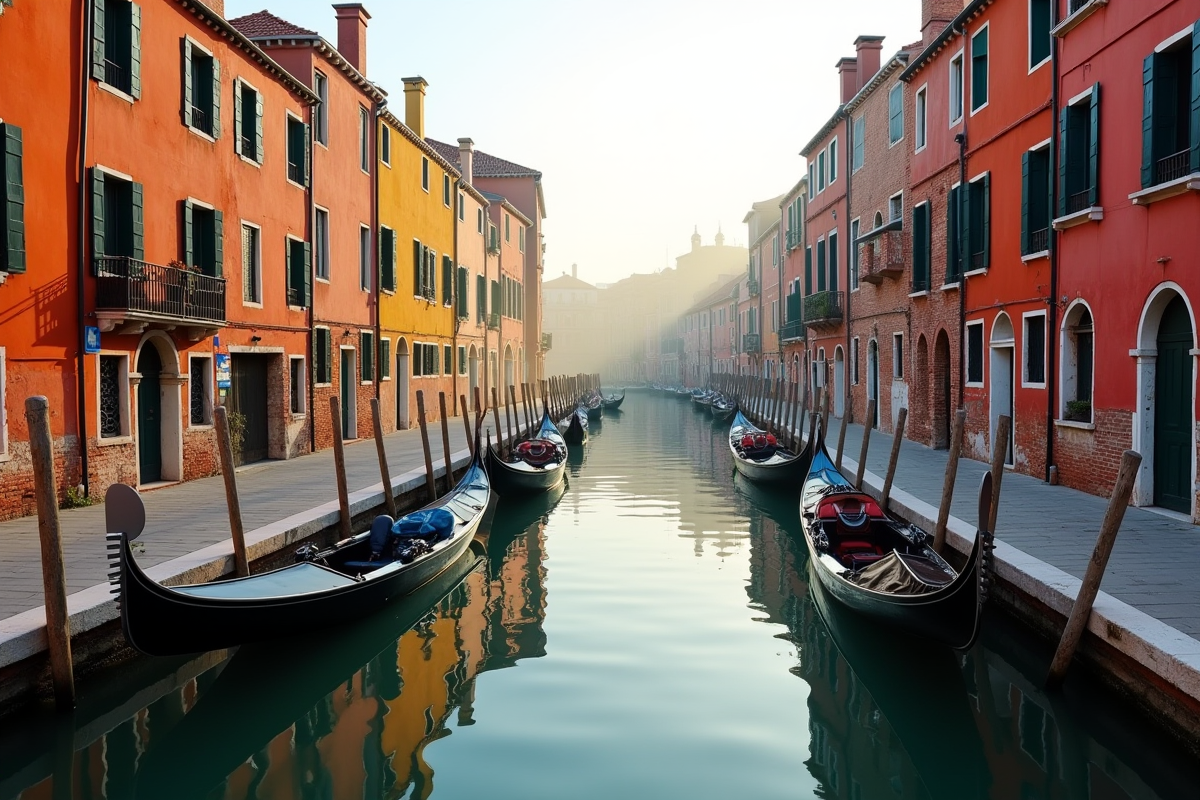Vue matinale d un canal tranquille à Venise avec bâtiments colorés