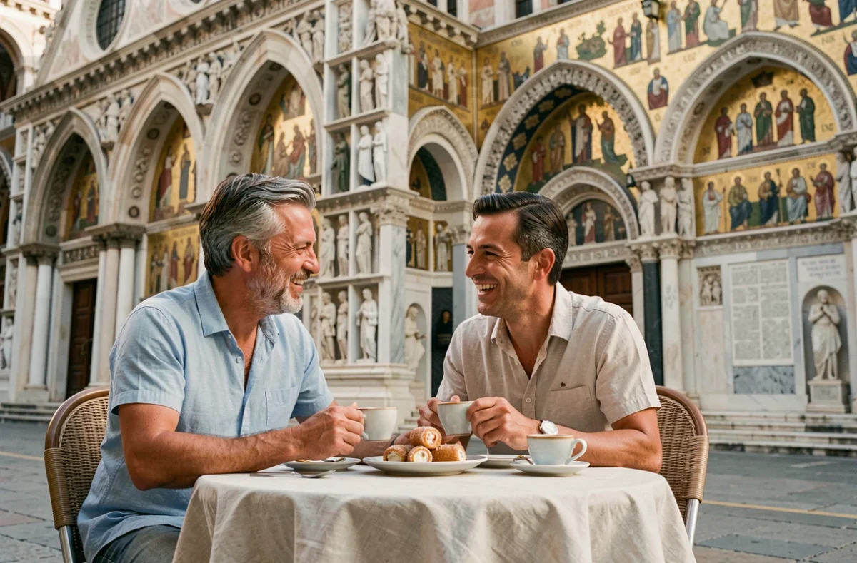 Couple dégustant des cannoli en terrasse face à la Cappella Palatina lors d'un séjour à Palerme