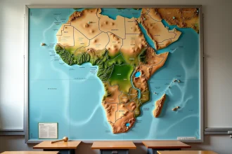 Carte physique du Sénégal et de l'Afrique de l'Ouest affichée dans une salle de géographie universitaire, montrant reliefs, fleuves et zones climatiques