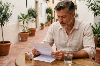 Homme examinant ses documents et cartouche de cigarettes à une terrasse de café en Espagne lors d'un contrôle