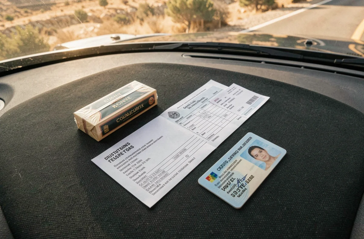 Vue rapprochée d'une cartouche de cigarettes avec documents douaniers et pièce d'identité sur le tableau de bord d'une voiture en Espagne