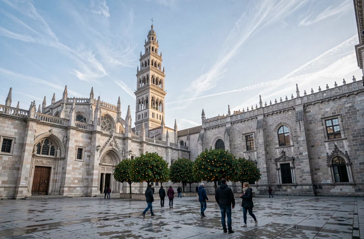 Cathédrale de Séville et tour Giralda en hiver avec orangers en fruits et visiteurs en manteaux dans la cour