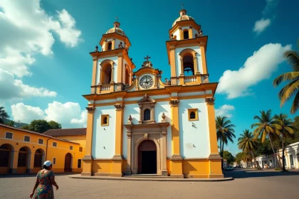 Cath&eacute;drale coloniale de Granada au Nicaragua, ancienne capitale, avec fa&ccedil;ade baroque jaune et blanche sur une place pav&eacute;e