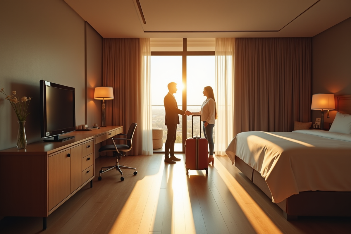 Chambre d hotel accueillante en journée avec deux personnes