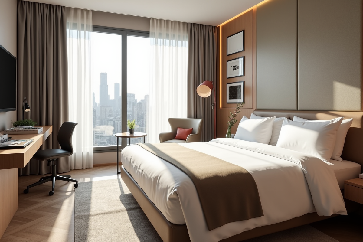 Chambre d'hôtel moderne avec grandes fenêtres et lit bien fait