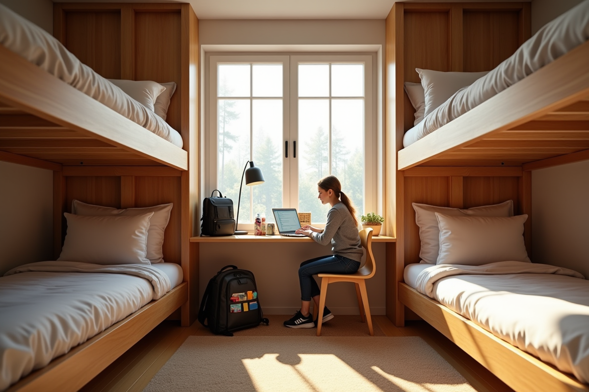 Chambre partagée d'auberge avec lits superposes et personne travaillant