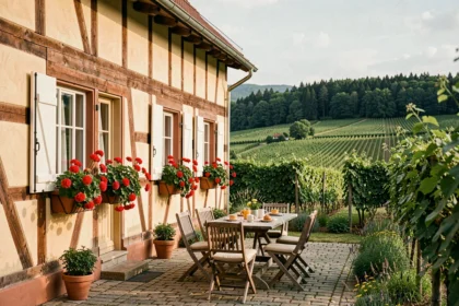 Façade traditionnelle à colombages d'une chambre d'hôtes alsacienne dans le Bas-Rhin, avec géraniums rouges et cour pavée